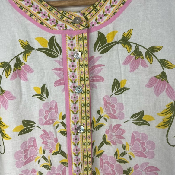 A loves a white pink green Bubble Sleeve Floral Dress MISSING BELT size large - Picture 5 of 9